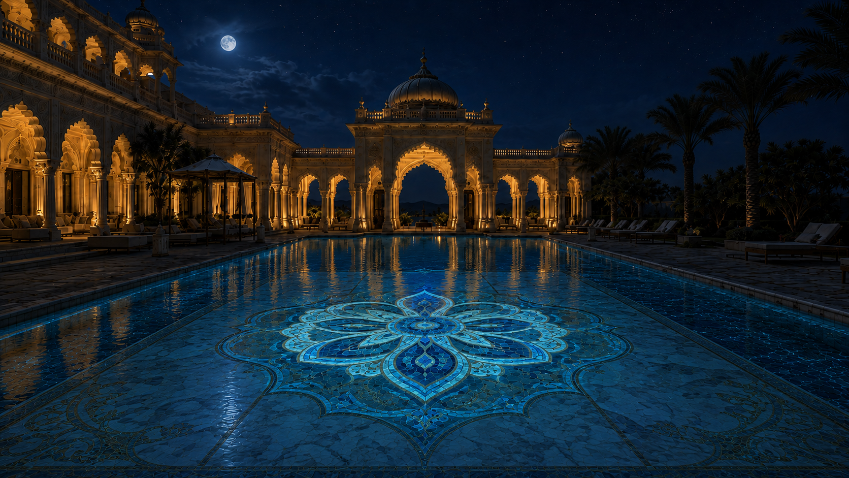 Même bassin la nuit — mosaïque en pierre lumineuse bleu turquoise qui rayonne sous le dôme éclairé