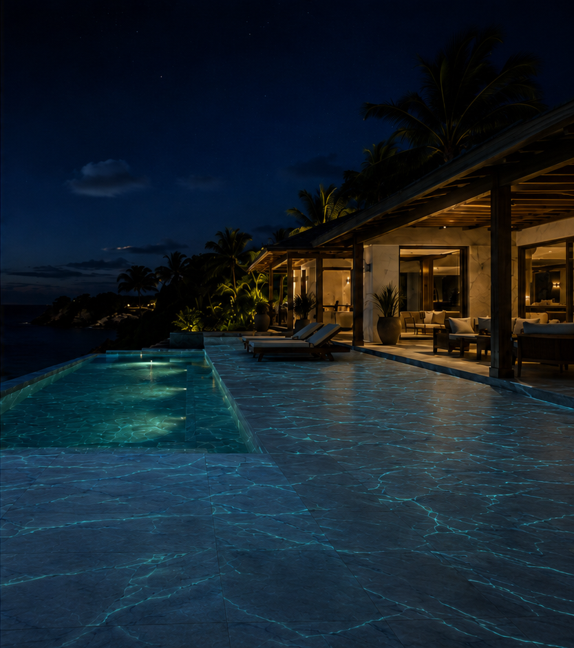Même piscine la nuit — terrasse en pierre lumineuse bleu-vert qui trace chaque veine du marbre