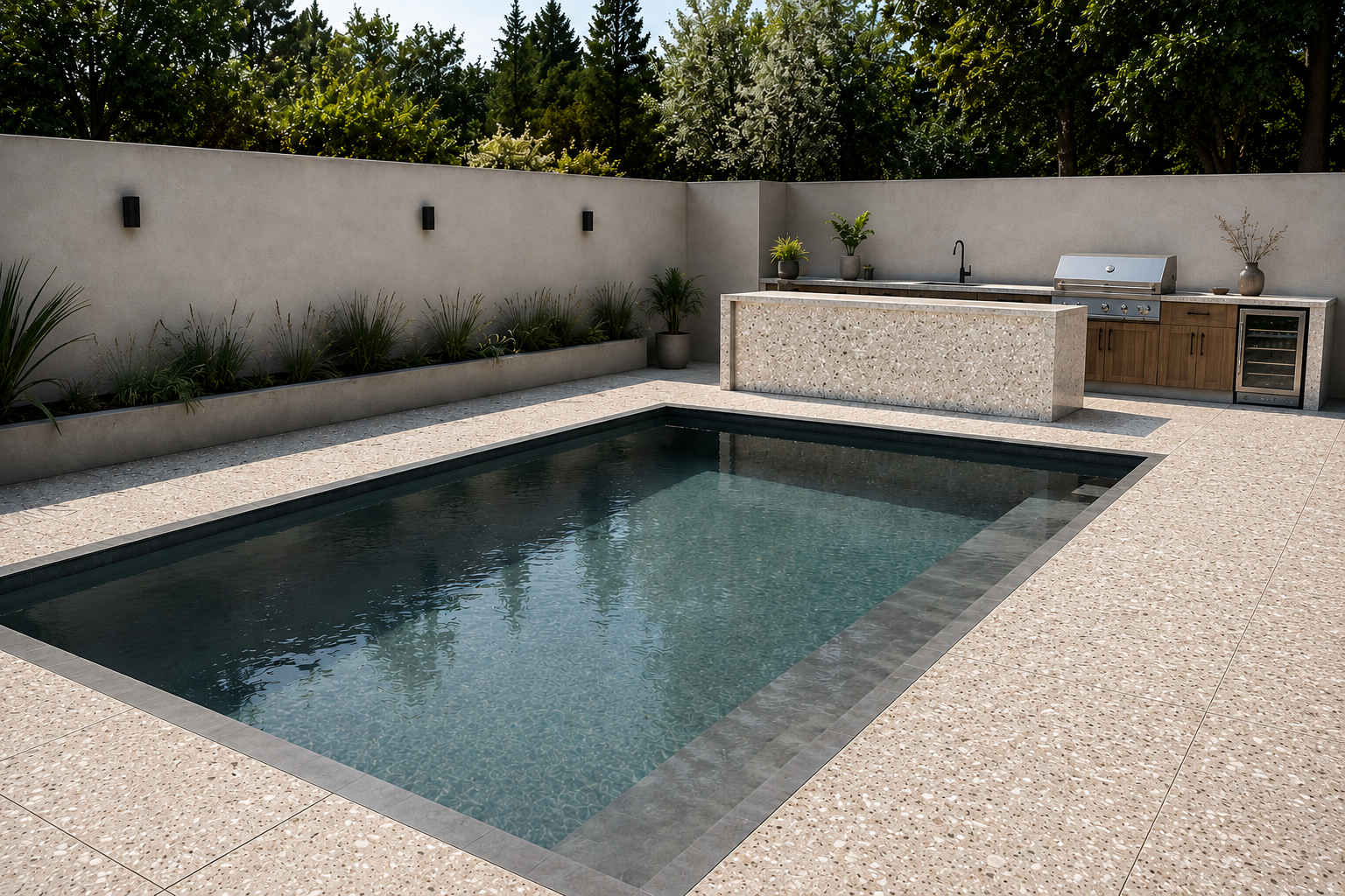 Pool house avec plage en terrazzo et cuisine extérieure — vue de jour