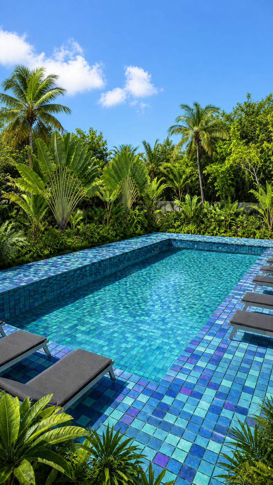 Piscine à mosaïque bleu turquoise entourée de palmiers — vue de jour