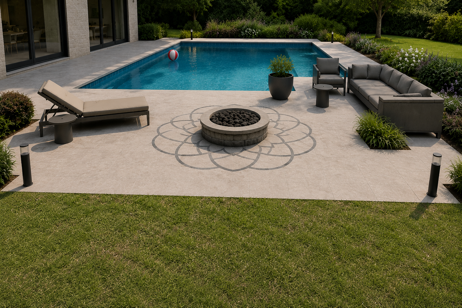 Terrasse de poolhouse avec brasero et rosace incrustée dans le dallage — vue de jour