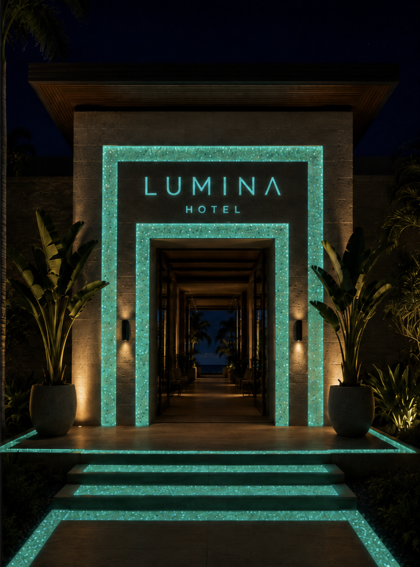 Même façade la nuit — encadrement, enseigne et marches en pierre lumineuse turquoise phosphorescente