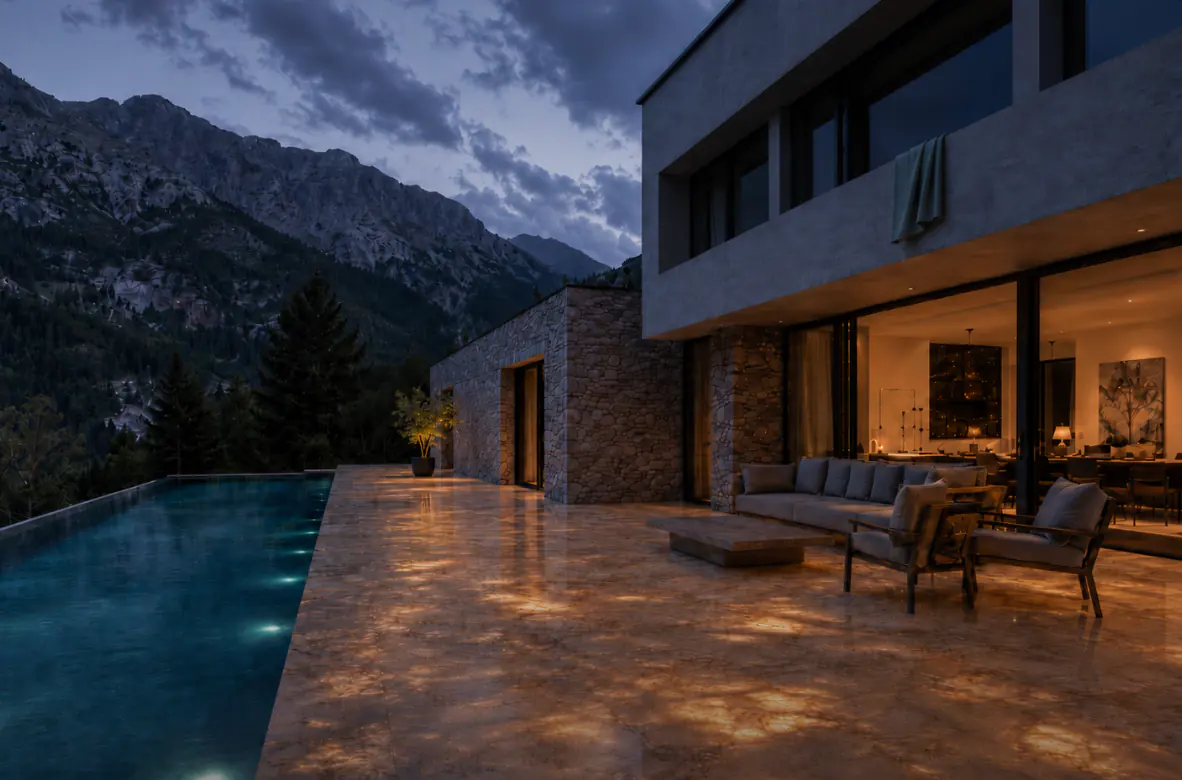 Terrasse de villa de montagne au crépuscule, dallage en pierre lumineuse ambrée