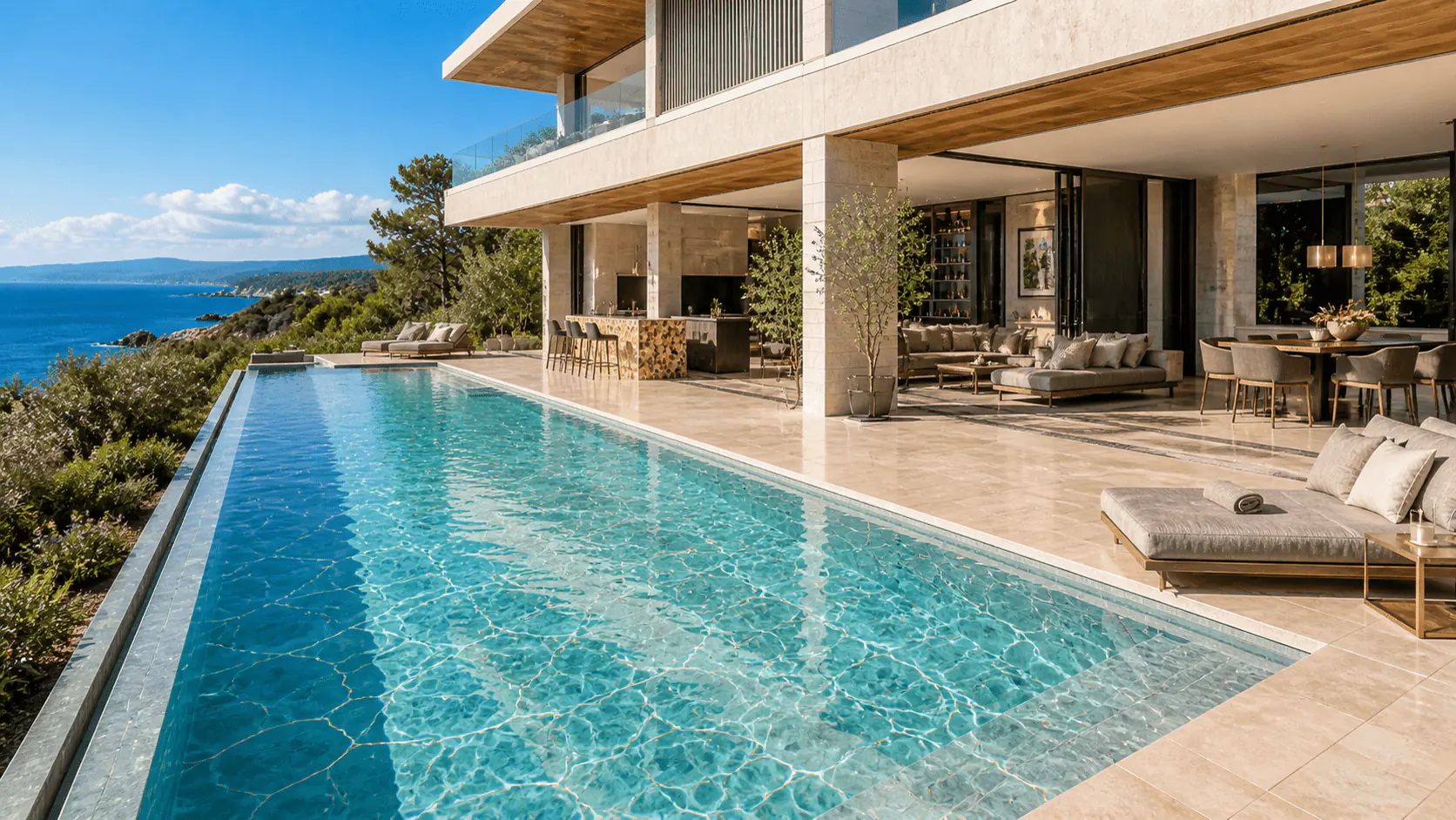 Terrasse de villa avec piscine à débordement et vue sur l'eau — visuel Invest Prestige