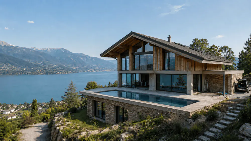 Villa en bois et verre avec piscine au-dessus du lac d'Annecy, à Sévrier — visuel Invest Prestige