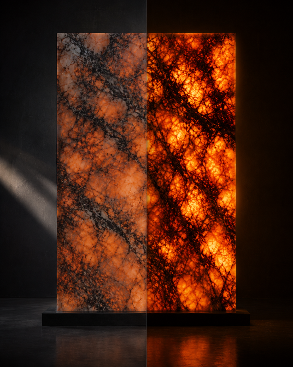 Pierre lumineuse coloris Feu — à gauche vue de jour, à droite luminescence orange profonde rétroéclairée