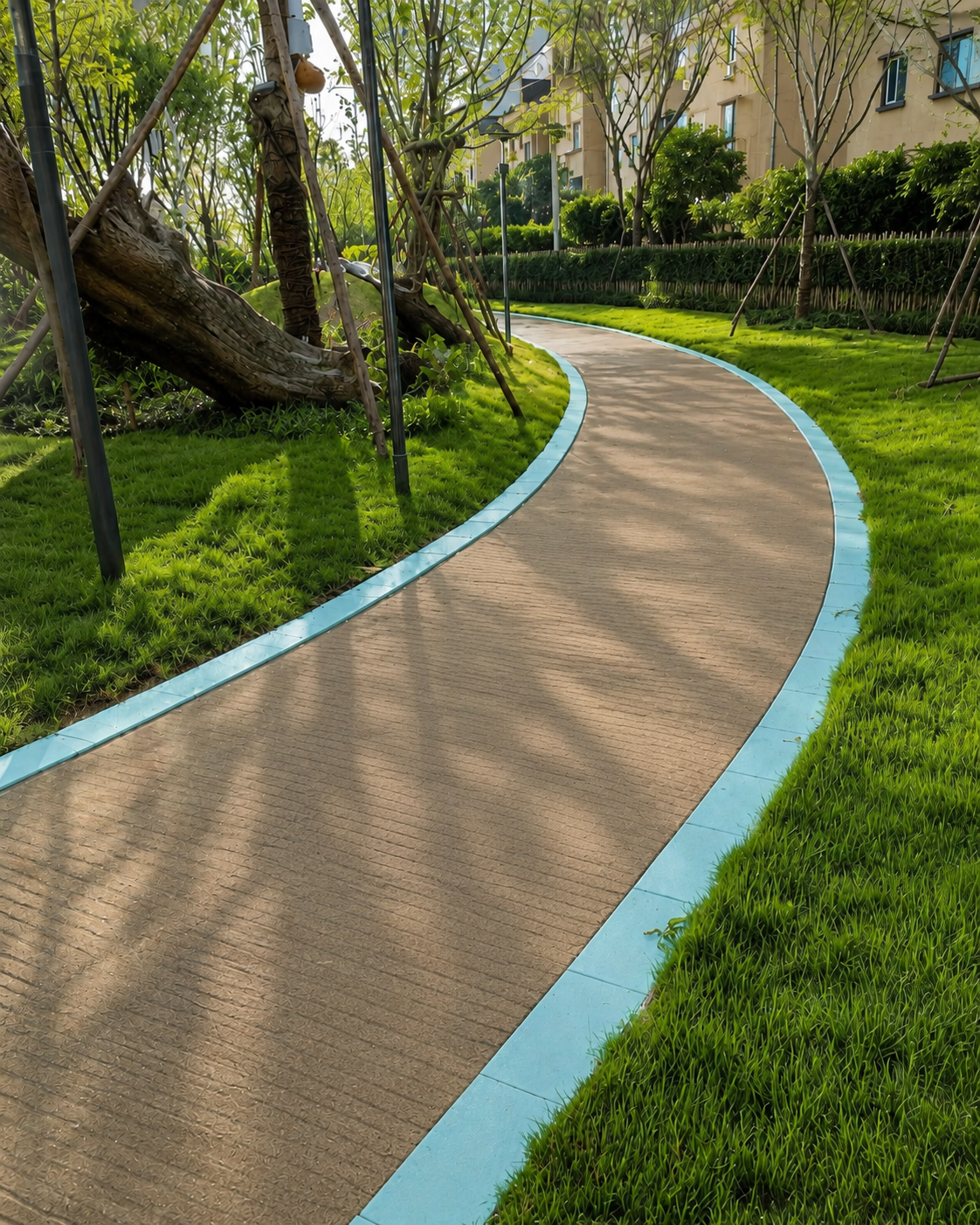 Allée piétonne sinueuse dans un parc résidentiel — vue de jour, bordures en pierre lumineuse turquoise clair
