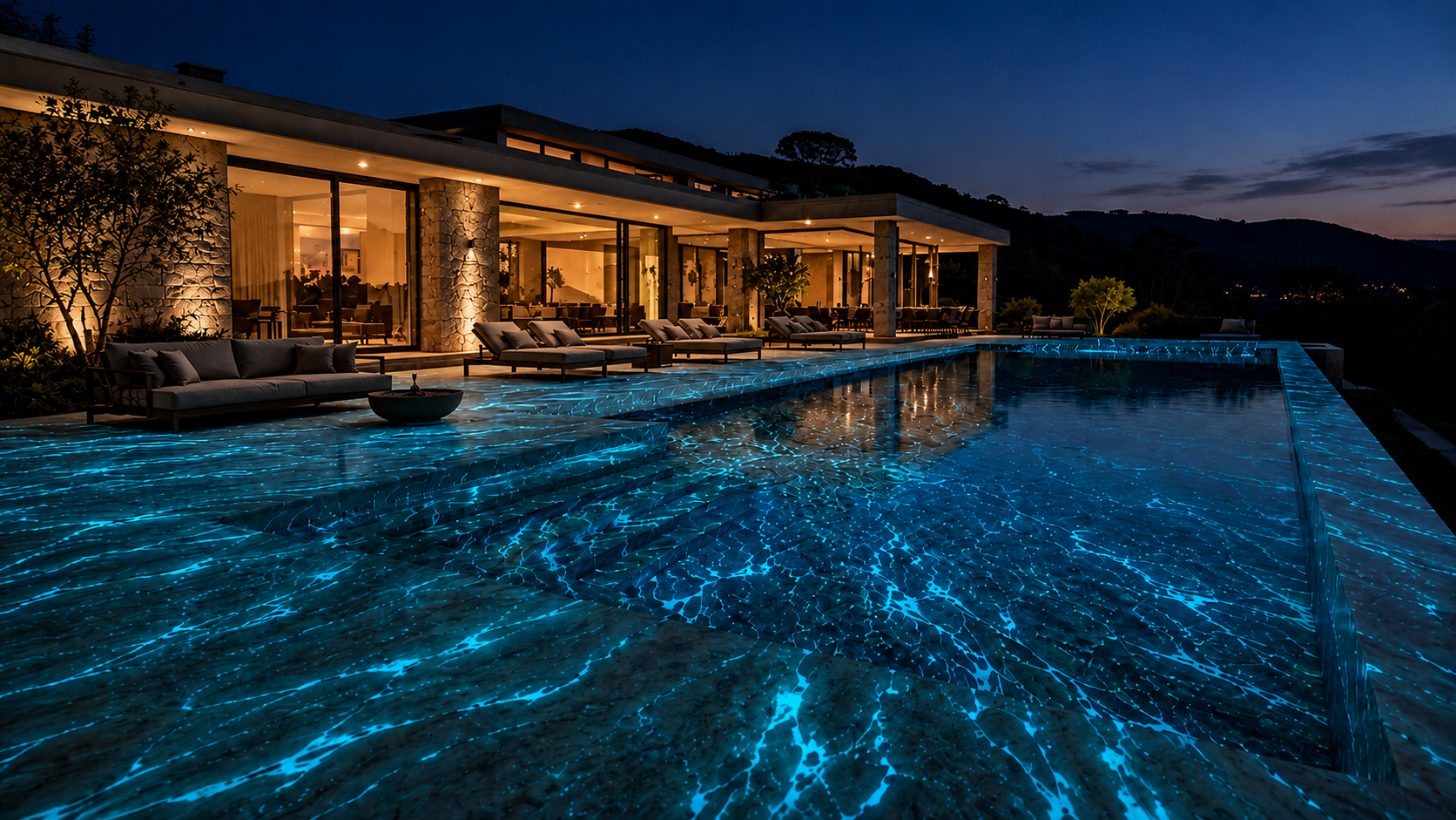 Même piscine la nuit — dallage en pierre lumineuse turquoise qui rayonne depuis la matière