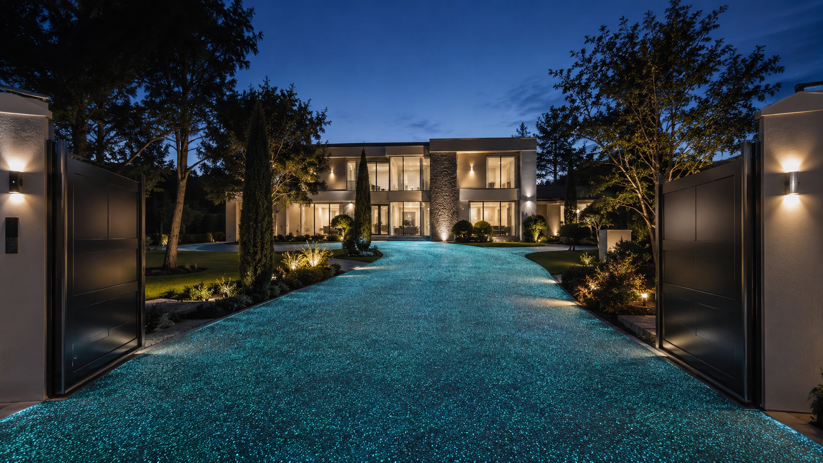 Même allée la nuit — résine chargée en granulats de pierre lumineuse turquoise qui illumine tout le passage