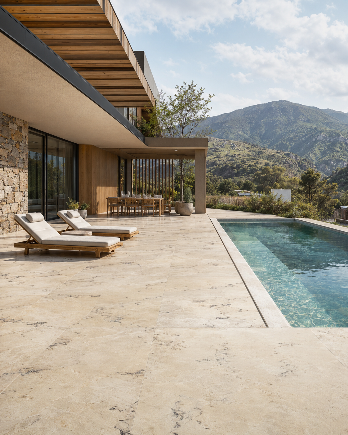 Terrasse de villa avec dallage en marbre clair — vue de jour, piscine à débordement et montagnes